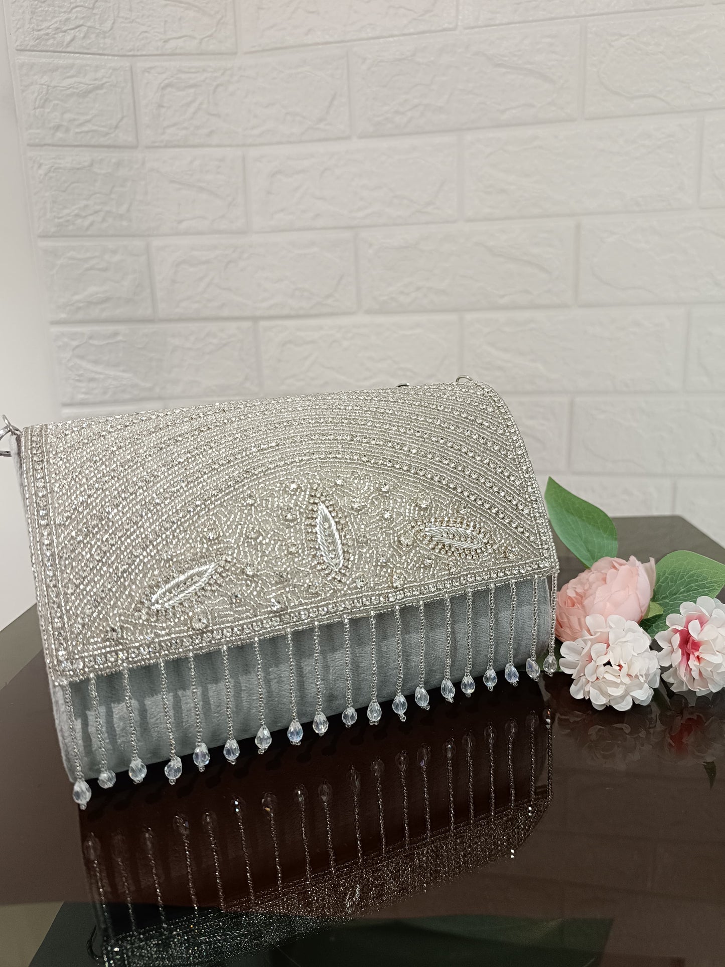 Silver Crystal Clutch with Tassels