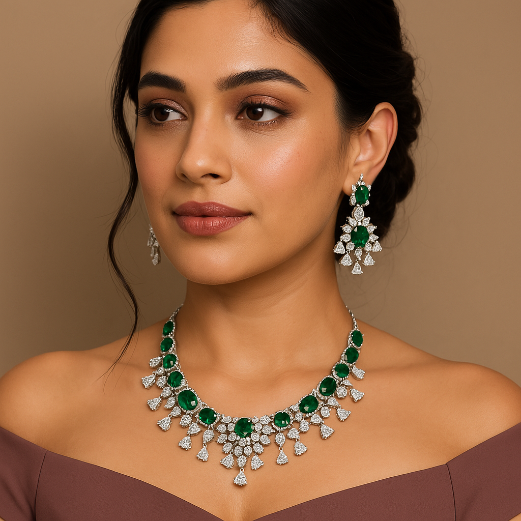 Emerald Green Stone Necklace Set AD (AJ005)