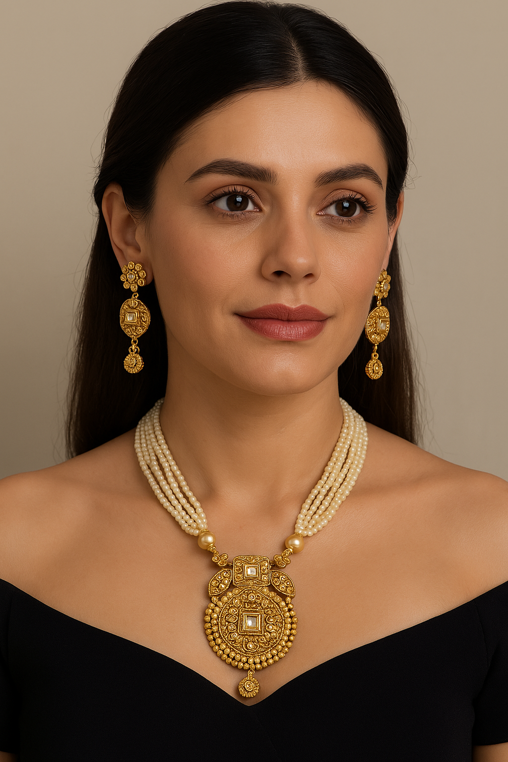 Royal Pearl Necklace Set with Antique Gold Pendant (AJ004)