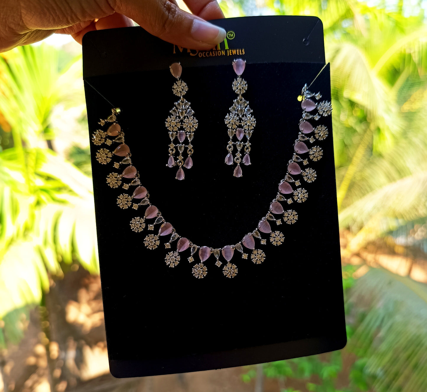 Pink Stone American Diamond Necklace Set (AJ013)