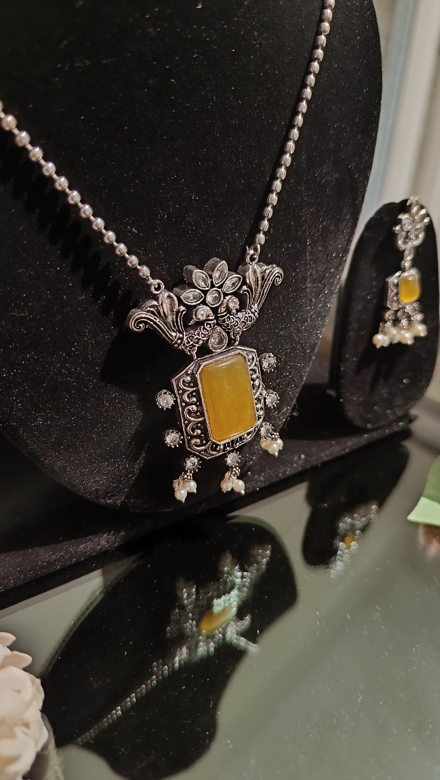 Yellow Stone Oxidised Necklace Set (AJ008)