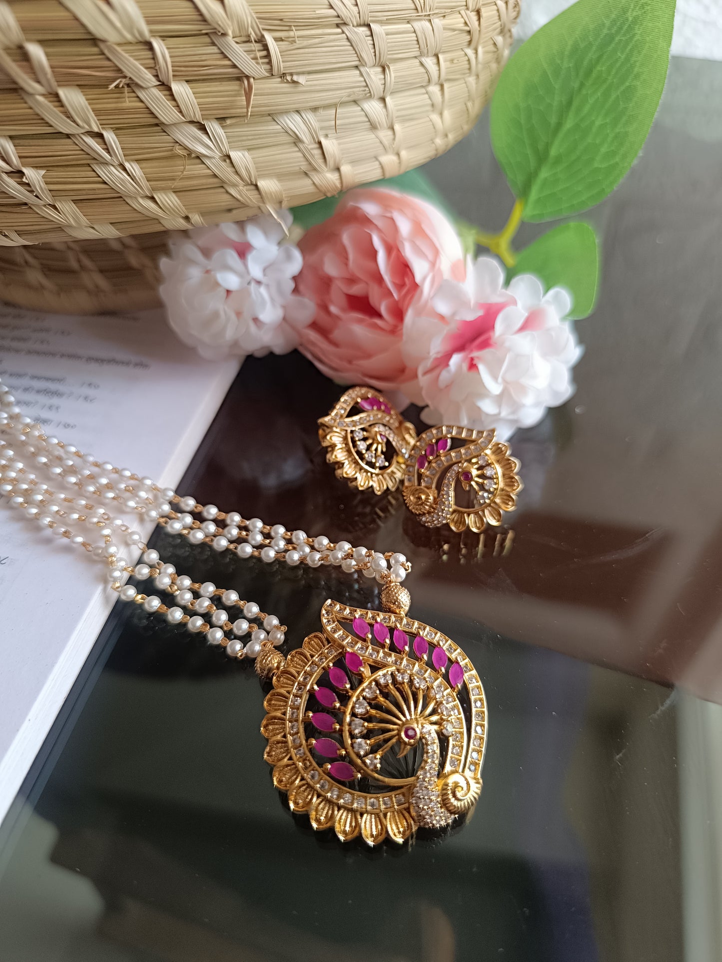 Pink Stone Peacock Pendant Pearl Long Necklace Set (AJ009)