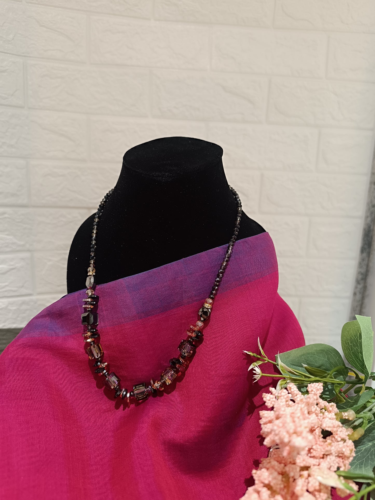 crystal beads necklace on saree