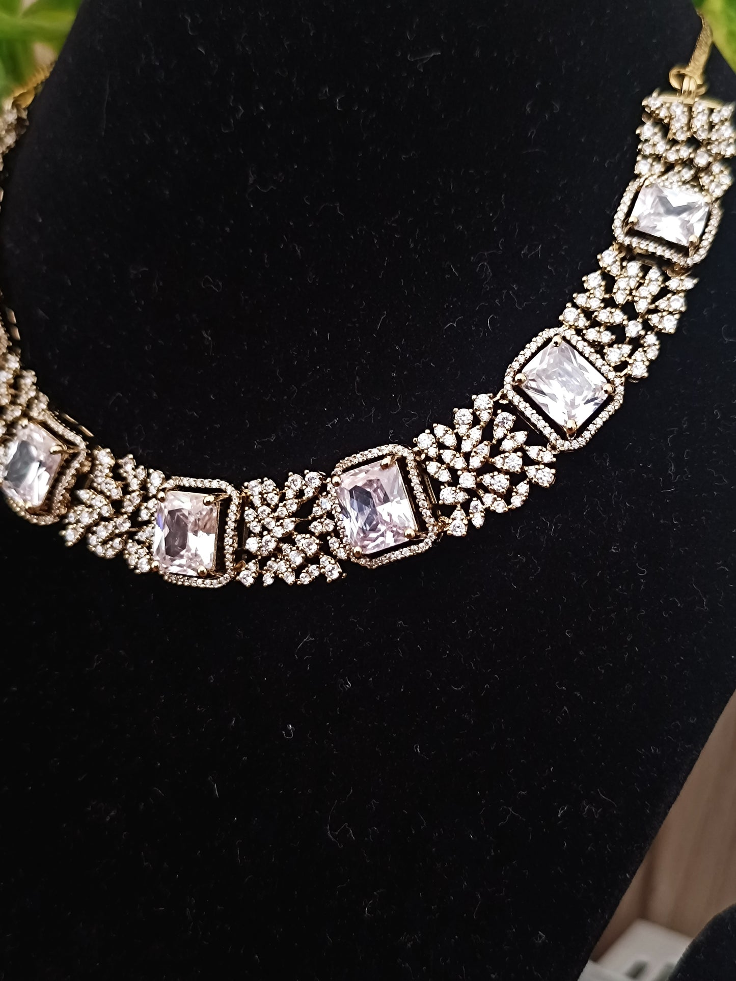 American Diamond Square Stone Choker with Ear Studs (AJ006)