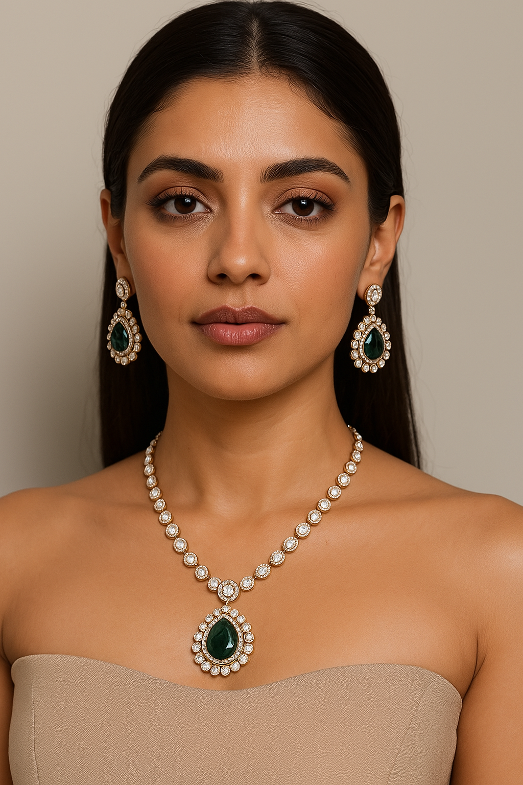 Green Stone Kundan Necklace with Earrings (AJ007)