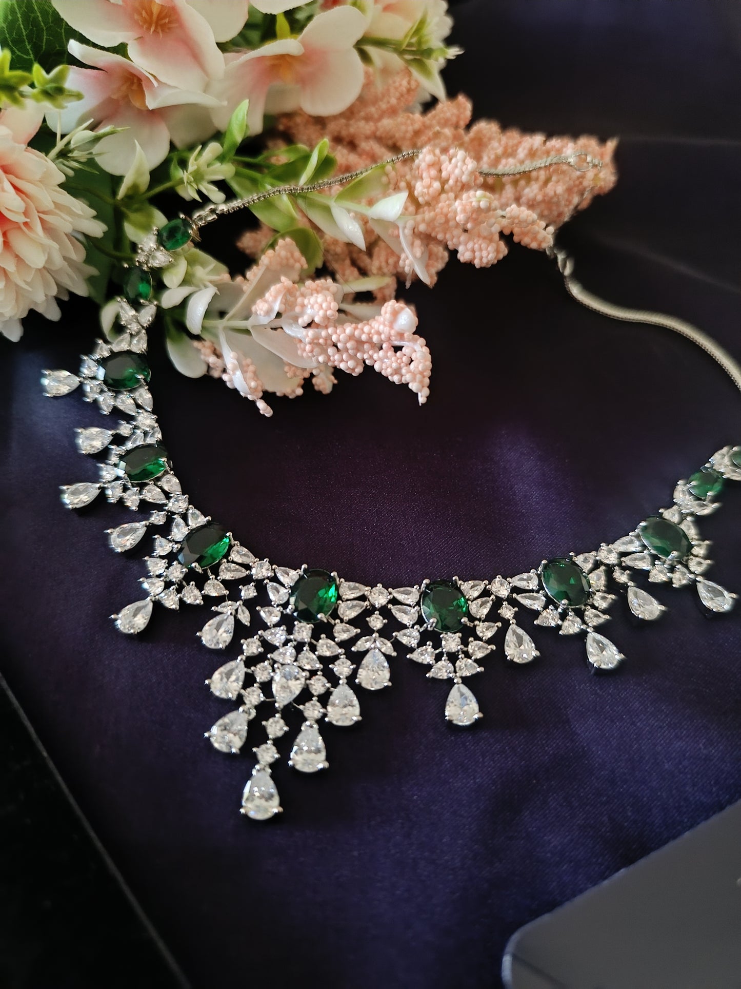 Emerald Green American Diamond Necklace Set