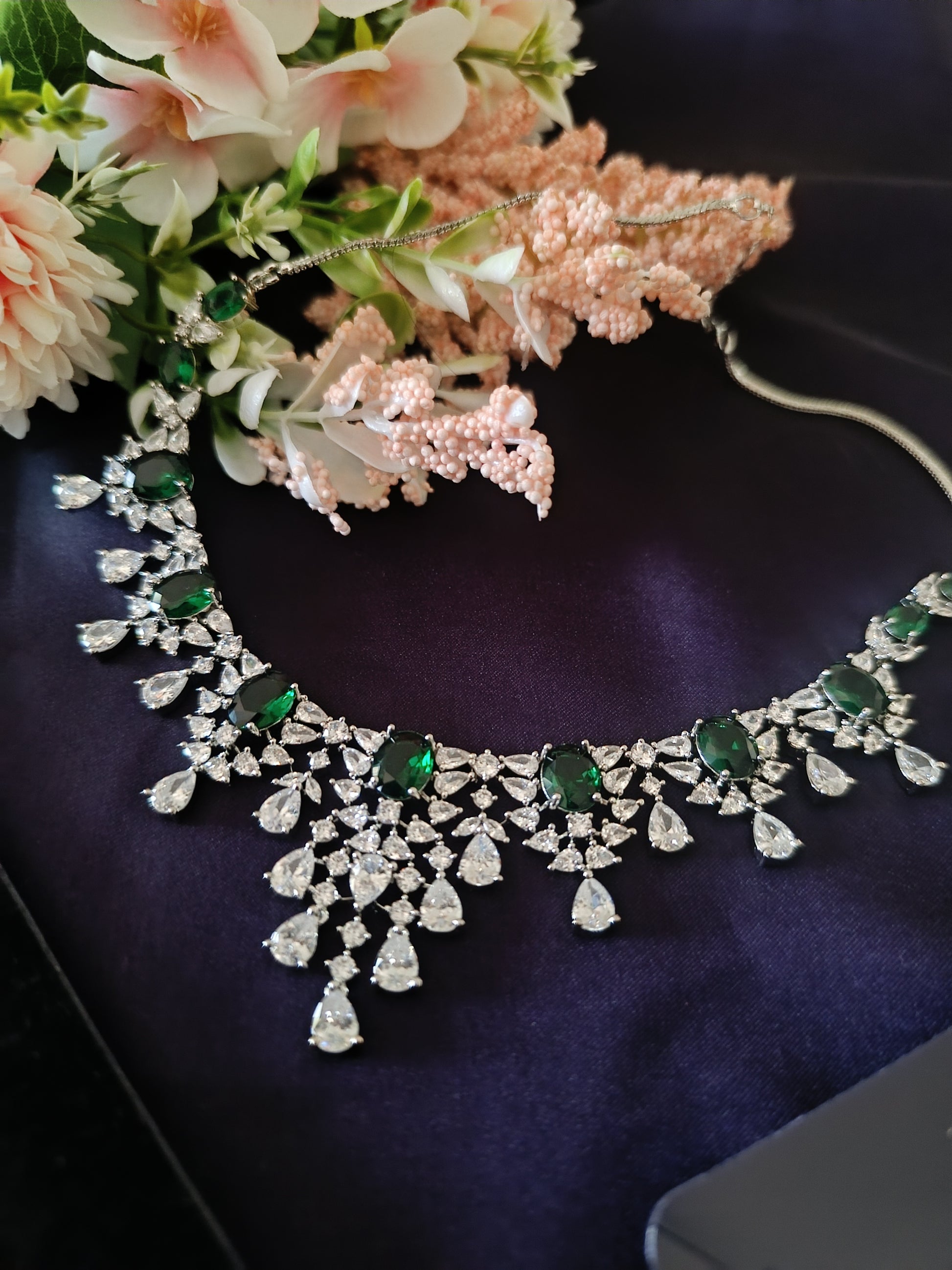 Emerald Green American Diamond Necklace Set
