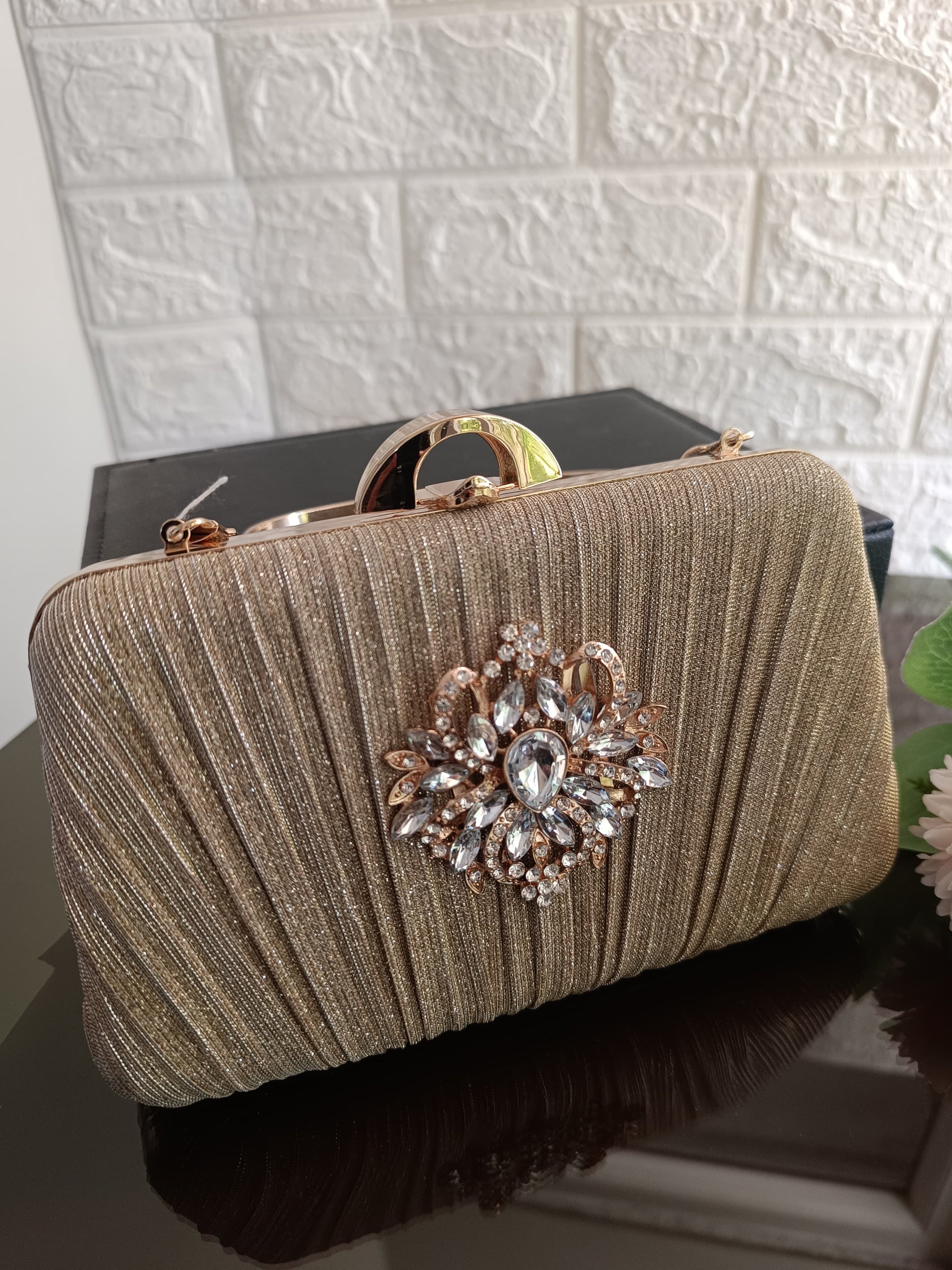 Golden Crystal Brooch Box Clutch 