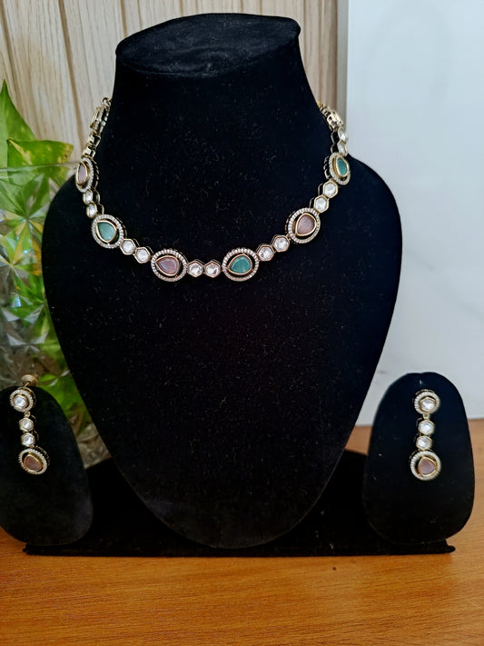 Pink & Aqua Green Kundan Set in Oxidized Gold (AJ022)