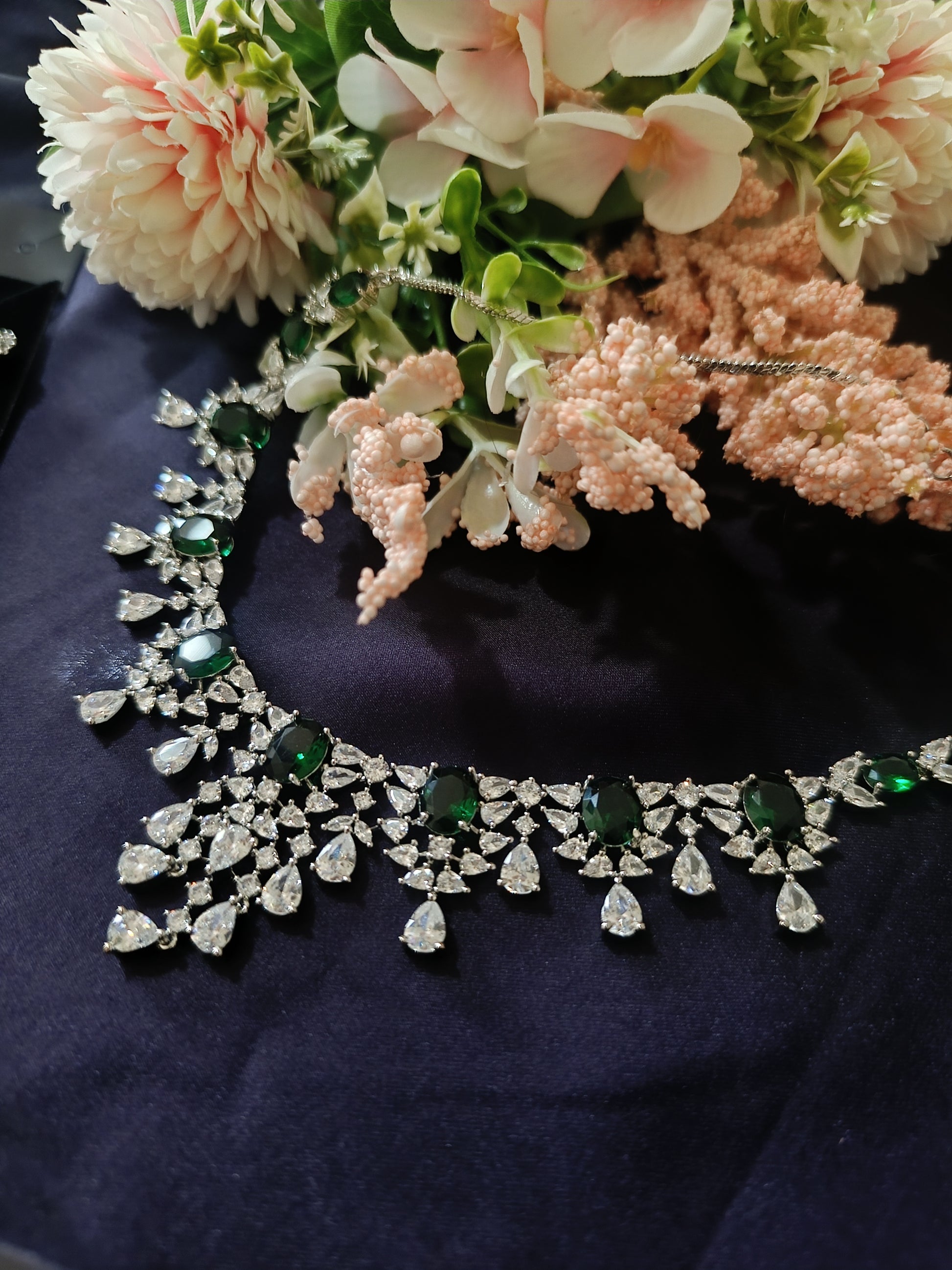 Green American Diamond Necklace Set