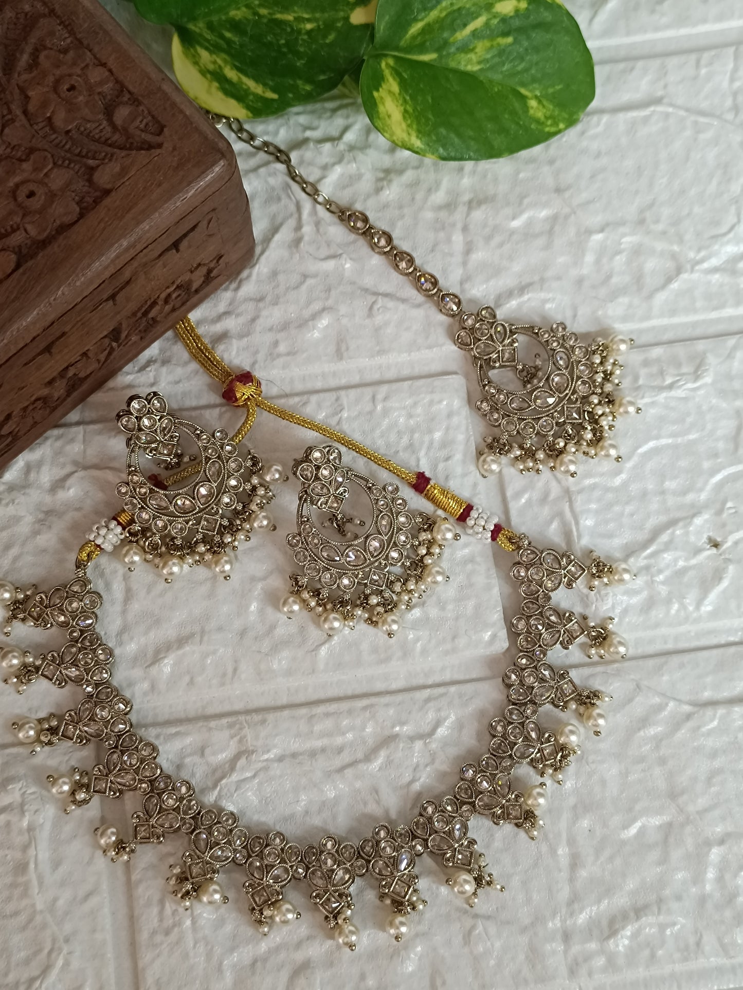Royal Kundan Necklace Set in Oxidized Gold with Pearl Detailing (AJ021)