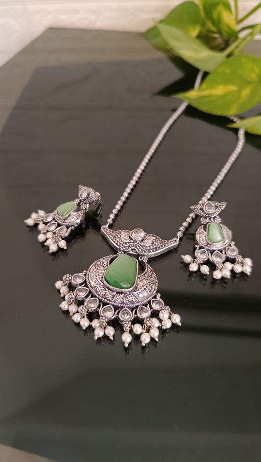 Oxidized Silver Long Chain Pendant Set with Green Stone (AJ023)
