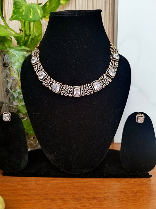 American Diamond Square Stone Choker	with Ear Studs (AJ006)