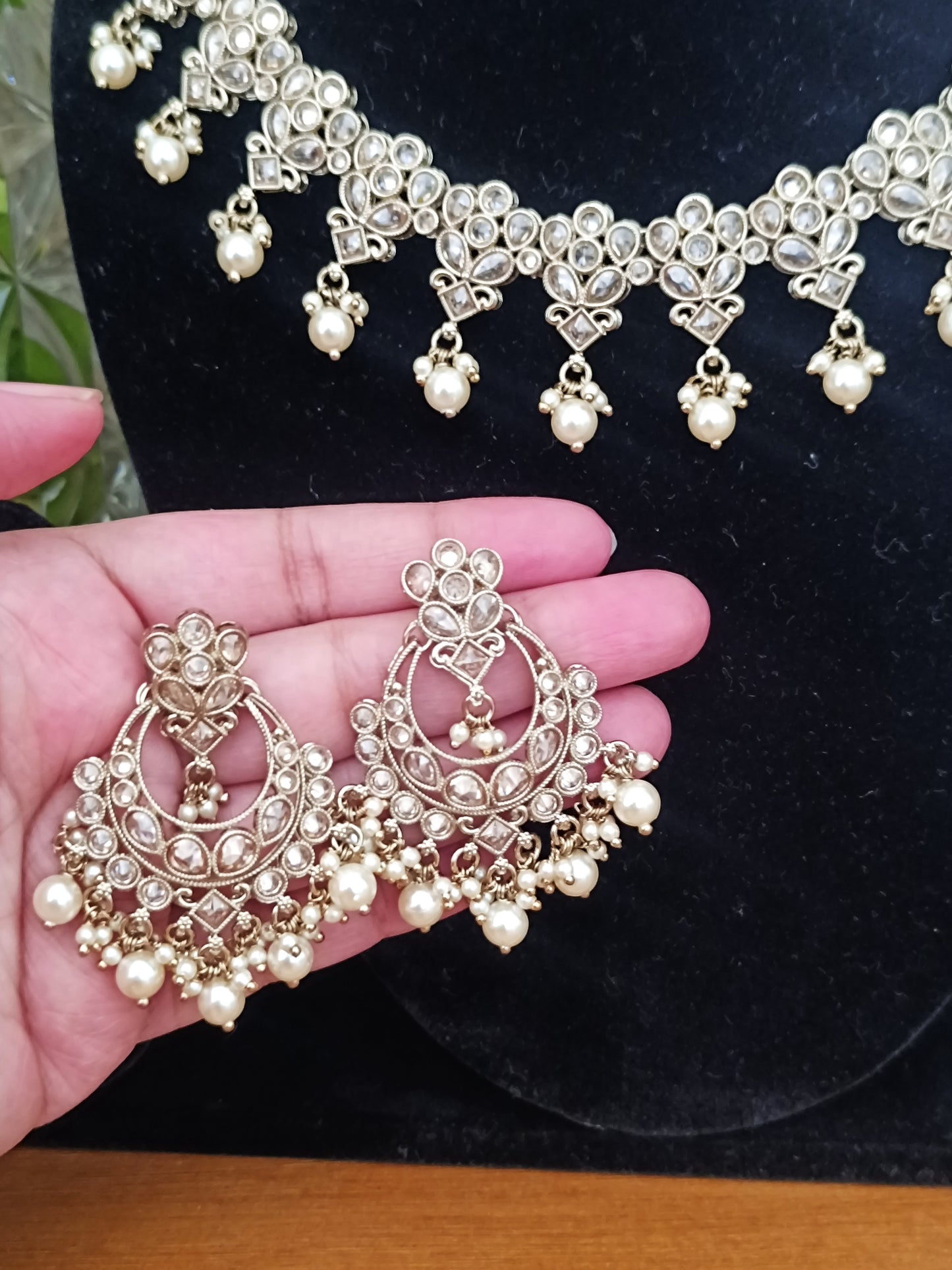 Royal Kundan Necklace Set in Oxidized Gold with Pearl Detailing (AJ021)