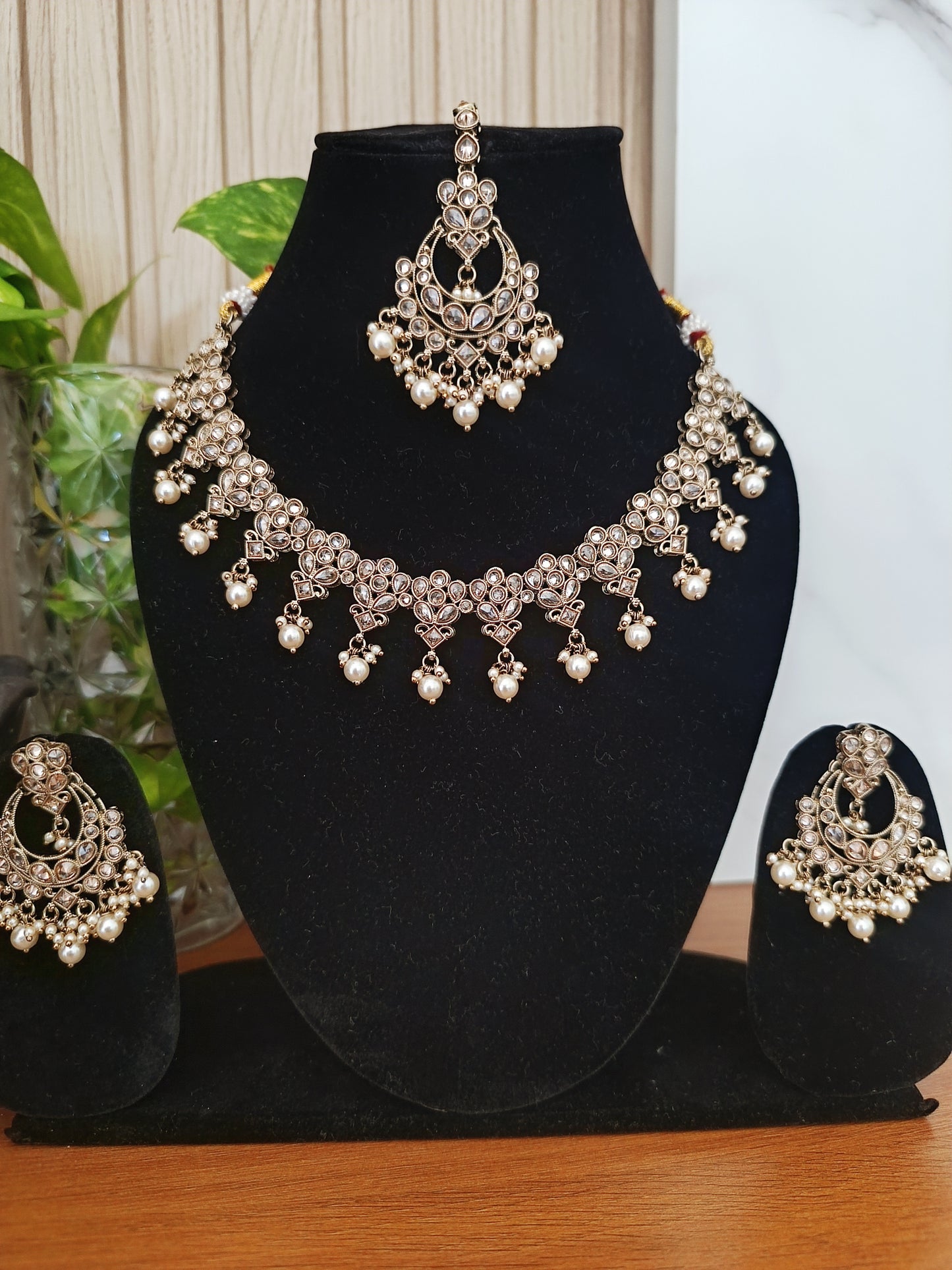 Royal Kundan Necklace Set in Oxidized Gold with Pearl Detailing (AJ021)